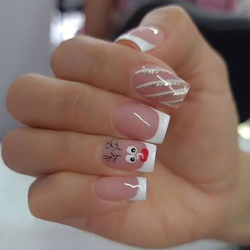Ceboic 24 Stück Weihnachten Nägel Zum Aufkleben Kurz, Eckig Künstliche Nägel Nude Rosa Kunstnägel Press on Nails, Falsche Nägel mit Cute Elch Design, Full Cover Fingernägel Fake Nails für Frauen