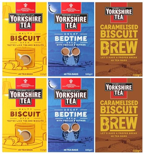 Yorkshire Tea Variety Pack x40 Tea Bags, Flavours Inc. Malty Biscuit Brew, Decaf Bedtime Brew and Caramelised Biscuit Brew (Pack of 6, Total 240 Tea Bags)