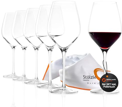 Stölzle Lausitz Exquisit Royal - Juego de 6 copas de vino tinto (480 ml, ideal para vino tinto), elegante copa de vino tinto de cristal para el máximo desarrollo del aroma, incluye paño de pulido
