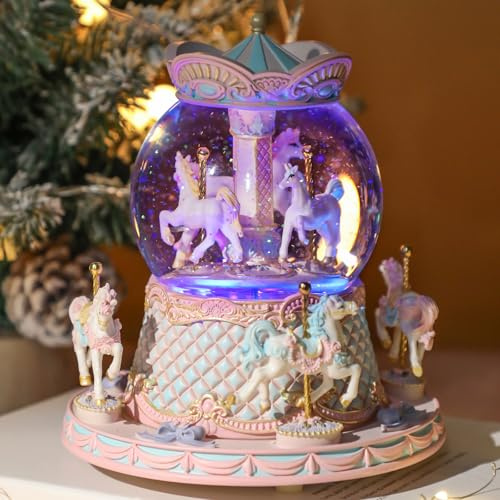 LOVE FOR YOU Gift-Wrapped Musical Snow Globe Unicorn Music Box Color Lights Carousel Horses Decor Gifts for Girls and Daughter Granddaughter Niece Women Kids Christmas Birthday