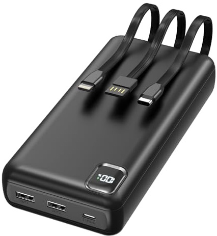 DRMARE Batería externa de 50000 mAh, carga rápida PD de 30 W con 3 cables integrados, 5 salidas y 2 entradas, pantalla LED, carga portátil para iPhone, etc