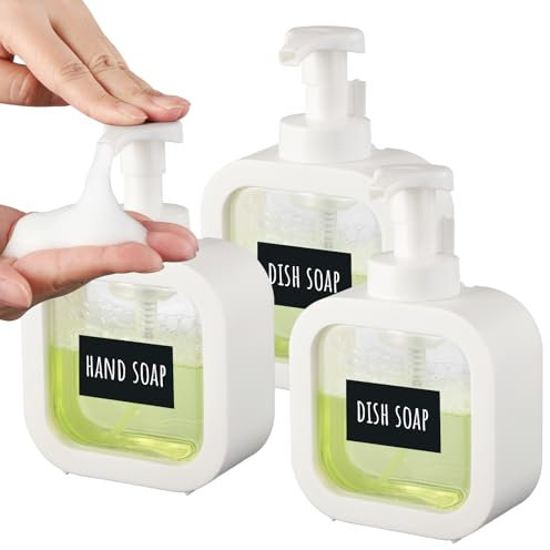 Segbeauty Pousse Mousse Savon Main, 3 Pièce 300ml Distributeur Shampoing et Gel Douche, avec Etiquettes, Flacon Mousseur Vide, Deco Salle de Bain (Blanc)