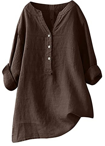 Camiseta Mujer Lino Algodón Manga Larga Camisa Ligero Primavera Verano Moda Casual Cuello en V Botones Color sólido Suelto Cómodo Tops T-Shirt Basic tee Talla Grande Transpirable Blusa 2026