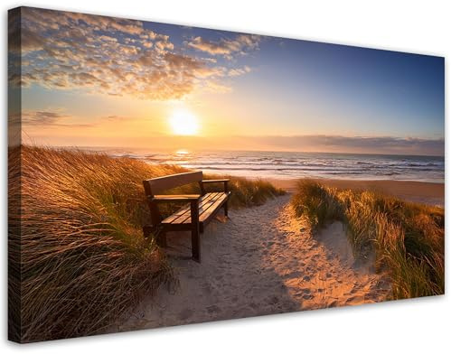 Feeby Leinwandbild - Bilder Wohnzimmer - Strand Meeresdünen Sonnenuntergang - 80x40 1tlg - Deko Schlafzimmer - Wanddekoration - Aesthetic - Groß Moderne Bild - Foto auf Leinwand