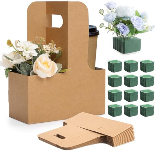 Chunful 12 Set 2 Cup Mother's Day Drink Carrier with Handle Flower Foam Gift Removable Plastic Liner Kraft Paper Flower Portable Cardboard Coffee Cup Holder for Wedding Birthday Party Gift (Brown)