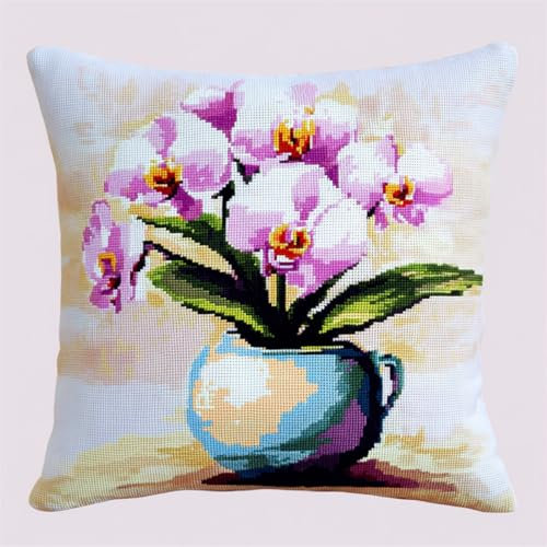Kitquiver Knüpfkissen Mit Vordruck Lila Orchidee In Vase Kreuzstich-Sets Zur Herstellung Von Kissenbezügen,Diy-Knüpfhäkel-Set Für Teppiche 17x17In