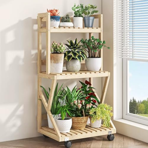Pflanzenständer aus Holz mit Rädern, 3-stöckiges Leiterregal für den Innen- und Außenbereich, mobiles Blumenregal, gelb, 50 cm, perfekt für Haus und Garten