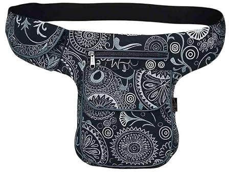 Kunst und Magie Mandala Gürteltasche, Schwarz-Grau, 28 x 18 x 4 cm, Verstellbarer Gurt bis 110 cm, Mehrere Fächer mit Reißverschluss (Schwarz/Grau)