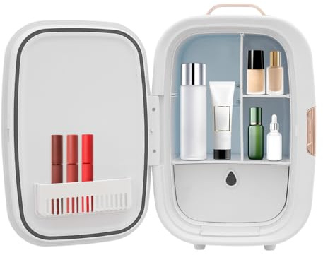 QUIOTUIR Kosmetik-Kühlschrank, 12 l, mit Schublade, zwei Trennwänden, Netzdesign, kleiner Kühlschrank für Hautpflege, Aufbewahrung von Gesichtsmasken, Parfums, Lotionen, Stärkungsmittel (weiß)