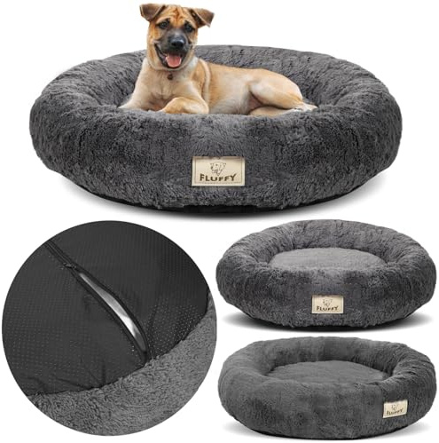 KING DOG Hundebett rundes Kuschelbett M 60 cm weiches Hundekissen mit Plüsch Bezug herausnehmbares Innenkissen Rutschfester Boden waschbar