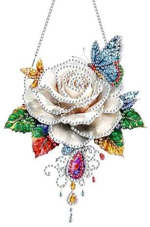 MOMAKA Rose Diamond Painting Fensterbilder, Diamond Painting Anhänger, Diamond PaintingBlumen, Diamant Painting mit Kette, Wandbehang Kits für Fenster Wand Eingang Garten Decor 20x20cm