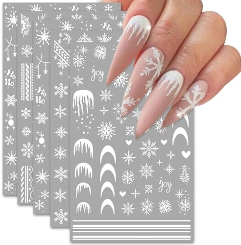 CharmeFleur Grands Flocons de Neige Autocollants pour Ongles Noël 3D Décalcomanies Autocollantes pour Design d'Ongles Bonhomme de Neige Blanc Père Noël Élan Design