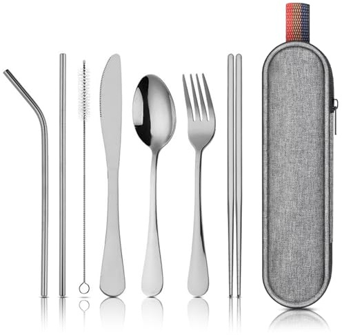 Cubertería de viaje para camping, 8 piezas, de acero inoxidable, con funda para cubiertos, cubiertos de viaje con estuche, cubertería portátil de camping para viajes, para trabajo, escuela, camping y
