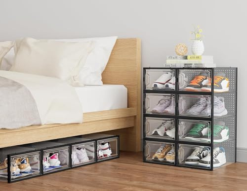 Scarpiera, 12 pezzi impilabili in plastica trasparente, scatole portascarpe contenitori organizer per scarpe con coperchi, nera