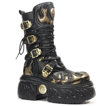 Songella Stivali Punk Gotici da Donna con Suola Platform Spessa, Design a Fiamme, Fibbie Metalliche e Zip Laterale – Stile Biker Rock a Metà Polpaccio Nero Oro, 38.5 EU