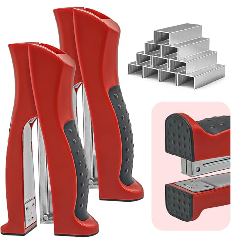 2-Pack Stand-Up Stapler with 2000 Standard 1/4 Staples, Handheld Ergonomic Soft Grip 2-in-1 Vertical & Flat-Use Desktop Full Strip Stapler for Office, School, Business & Classroom Supplies – Red