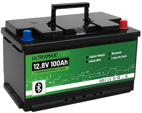ULTRAMAX Neo 12V 100AH Batería de litio (LiFePO4), DIN Sized European, 10000+ ciclos, 10 year life, Rechargeable With Buetooth