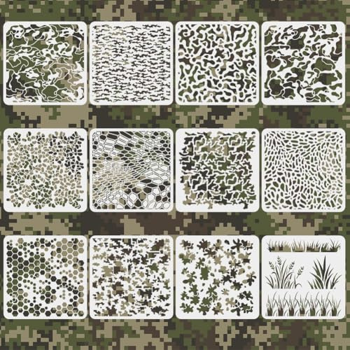 TWINKLEMON Camouflage-Schablonen für Sprühfarbe, 30,5 x 30,5 cm, Camouflage-Schablonen mit Pinseln, Grasmuster-Schablone, wiederverwendbare Camouflage-Schablone für Papier, Stoff, Möbel, Wand, 12