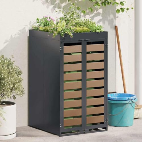 GeenYuu Support pour poubelle avec toit de plantation en acier anthracite pour tonneau de 240 l, extensible avec ventilation, abri de tonneau résistant aux intempéries pour jardin, terrasse, extérieur
