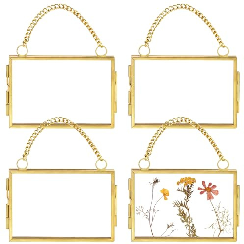 4 st små bildramar i mässing, 5 x 7,6 cm dubbelsidiga glashängande fotovisningar med kedja, metallbildhållare i vintagestil med klart glas för vägg- och heminredning