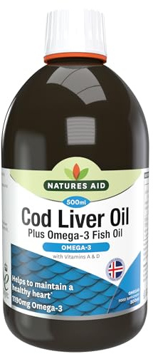 Natures Aid Cod Liver Oil Liquid 500ml | High Strength Omega-3 with Vitamins A & D, Supports Immune System, Heart Health, Brain Function & Vision, Non-GMO