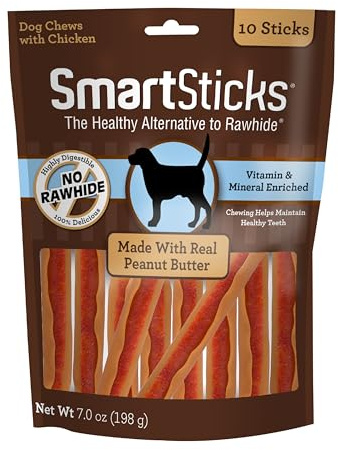 SmartBones SmartSticks With Real Peanut Butter Rawhide-Free Chews For Dogs, 10 Count