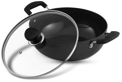 Vinod Black Pearl Hard Anodised Deep Kadai – 5.5L, 28cm Wok with Glass Lid | 3.25mm Thick Sturdy | Metal Spoon Safe | Riveted Handles | Gas Stove Compatible | Ideal for Curry Cooking & Stir Frying