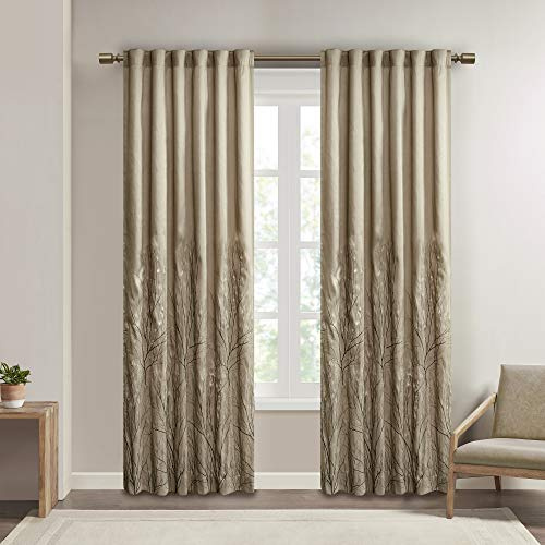 Madison Park Tan Curtains For Living Room , Transitional-Rod Pocket Light Curtains For Bedroom , Andora Embroidered Back Tab Fabric Window Curtains , 50 x 95, 1-Panel Pack