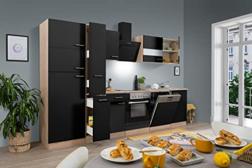 respekta Küchenzeile Merle KB310ESSCGKE Schwarz 310 cm Breite mit Elektrogeräten