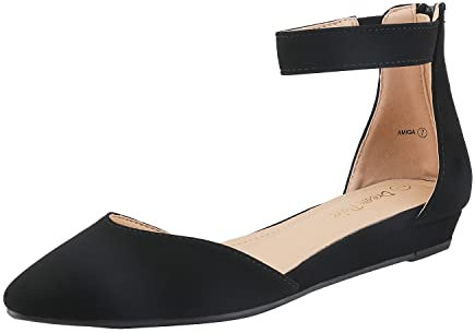 DREAM PAIRS Ballerinas Damen Flache Schuhe mit niedrigem Keilabsatz Knöchelriemen elegant Brautschuhe flach,Size 39,Schwarz/Nubuck