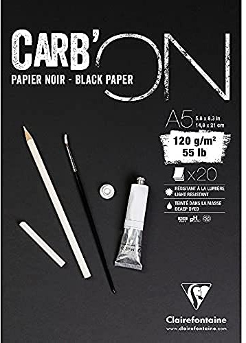 Clairefontaine - 975038C - Bloc Carb'ON - 20 Hojas Papel de Dibujo Negro - A5 (14,8x21 cm) - 120g - Negro