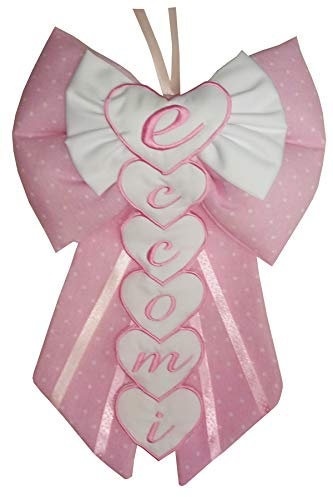 FIOCCO NASCITA/COCCARDA FIOCCO ECCOMI RICAMATO ROSA Lavorato del tutto a mano