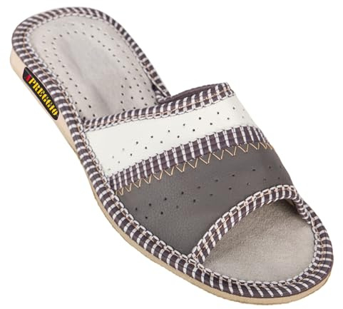 APREGGIO Pantoufles Femme Cuir – Chaussons Ouverts Pratiques et Confortables – Fabriqué à la Main – Gris – Taille 40