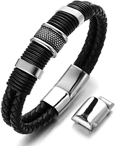 HALUKAKAH Herr Äkta Läder Titan armband Svart Magnetlås Solo Silver Storlek Justerbar 21.5-23cm med Gratis Presentbox(Solo Silver 21.5-23cm med ett extra spänne)