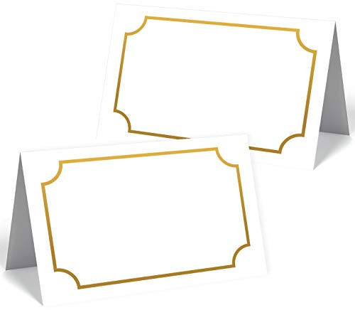 Merz Designkarten 50 edle Premium-Tischkarten Platzkarten 300mg 5,5x8,5cm(eine Seite) mit golgedem Rahmen - Namenskarten Namensschilder für Hochzeit Feier Taufe Kommunion Geburtstag zum Beschriften
