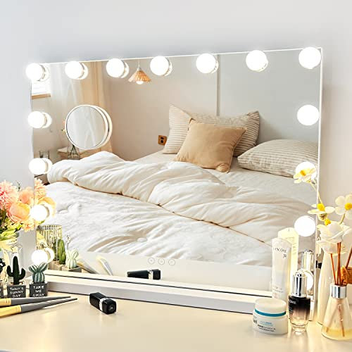 NUSVAN Vanity Mirror with Lights Lighted Makeup Mirror with 15 Dimmable LED Bulbs,3 Color Lighting Modes,USB Charging Port Touch Control,Sturdy Metal Frame Design 22.8x18 Inch,White