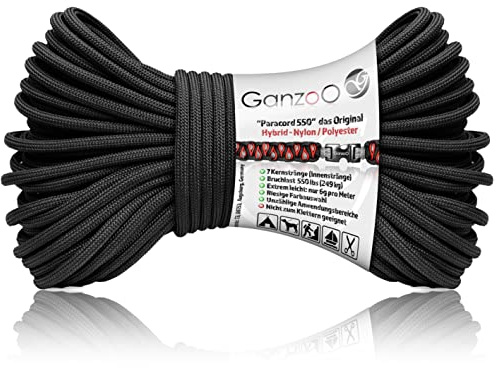 Ganzoo Paracord 550 fallskärmsrep 30m, Onyx svart 4mm typ 3, nylon polyester hybrid, ca 250kg brottlast, för camping och utrustning, knyta tältlinor, armband, hundkoppel, hundhalsband och DIY-projekt