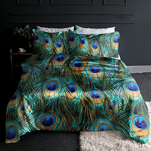 BlessLiving Duvet Cover Set, Aqua Blue Turquoise, Double 3-Piece | soft microfiber feel, Peacock Feather Silky Satin Fantasy Sparkly print, for bedrooms, easy machine care