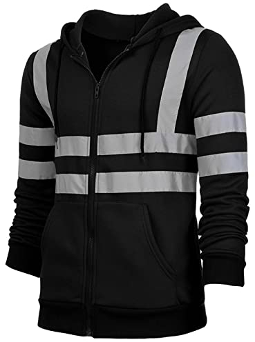 AUBIG Herren Sicherheitsjacke Kapuzen Sweatshirt Reflektierend Jacke Warnjacke Verkehr Arbeitsjacke Warnschutzjacke Schwarz XL