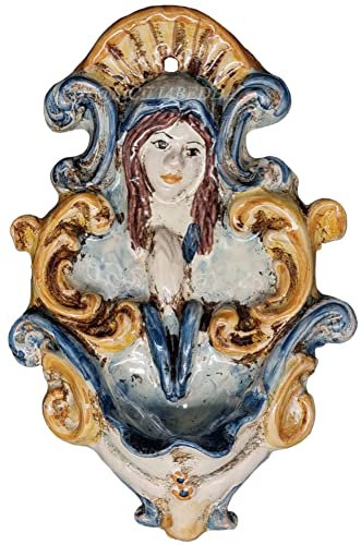 sicilia bedda - Acquasantiera in Ceramica di Caltagirone - Prodotto interamente a Mano di Alta qualità (Madonna Decorata 17x10)