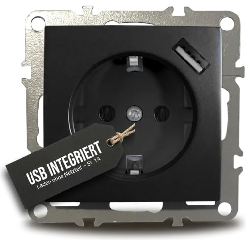 ADELID Schuko Steckdose Unterputz mit USB 5V 1A | 1-Fach Schutzkontakt-Steckdose 16A 220-250V | Schwarz matt lackiert | IP20 Schutzklasse | Unterputzdose für Dose Ø 60 mm | Gewindeschellen