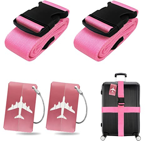 Koffergurt Kofferanhänger Set, 2 Stück gepäckband mit 2 Stück Gepäckanhänger Set, Kofferband Gurt Personalisierte Identifikation für Schnell erkennen Gepäck Reisetasche Koffer (Rosa)