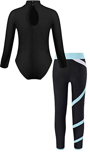 CHICTRY Kinder Mädchen Junge Eislauf Gymnastik Trainingsanzug Stehkragen Ballett Trikot Langarm Tanzbody Mit Streifen Gymnastikhose Schlittschuh Hose Hellblau 122-128