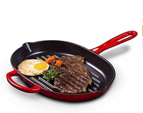 DRAUTZ Sartén antiadherente, sartén de hierro fundido esmaltado a rayas, sartén para carne de hierro fundido grueso, sartén antiadherente para el hogar y campamento (color: rojo)