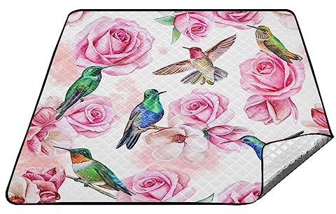 YOUJUNER Picknickdecke 200 x 200 cm Kolibri, Vogel, Blume, Rose, große Picknickmatte, wasserdichte Stranddecke, tragbarer Outdoor-Teppich, Campingmatte
