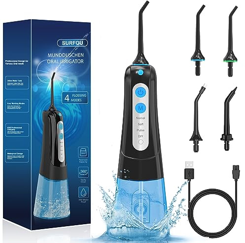 SURFOU Munddusche Kabellos Mundduschen 300ML 4 Modi 4 Düsen, Mundduschen Reise Water Flosser IPX7 Wasserdicht USB Wiederaufladbar für Reisen & Hause