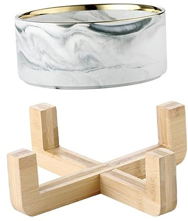 Abaodam Bol pour Animaux Nordique Marbre Gris avec Support Bois Bol Surélevé Antidérapant pour Chats Et Petits Chiens pour Nourriture Et Eau