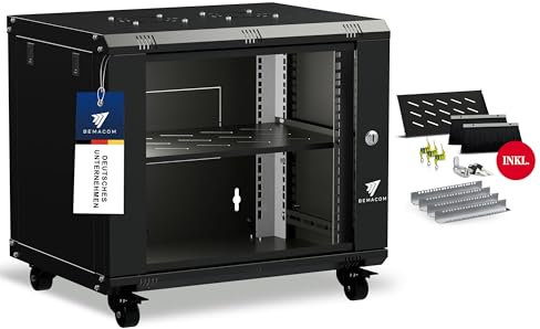 Bemacom Netzwerkschrank 19 Zoll Serverschrank Pro Serie 9HE, Server Rack für Wandmontage EDV Schrank 19 Zoll Gehäuse mit Traglast 60kg, 600x450x474 mm Schwarz, mit Glastür + abschließbar RAL 7005