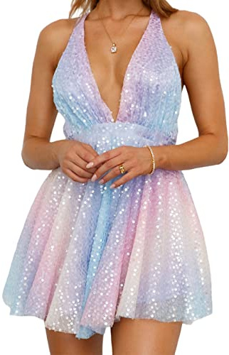 Qianderer Damen Glitzer Pailletten Minikleid, glänzendes, tiefes V-Ausschnitt, ärmelloses Kleid mit Bindeband, rückenfreies A-Linien-Kleid, mehrschichtiges Party-Rave-Kleid, Clubwear, merhfarbig, S