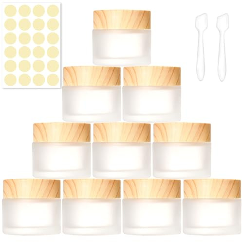 PIWOSGOL 10 Stück Glas Döschen Glastiegel, 30ml Cremedose Leer Leerdose, Kleine Klarer Tiegel, Creme Behälter mit Deckel aus Holzmaserung, Mattiert Salbentiegel für Lotion, Kosmetik, Cremes, Beauty